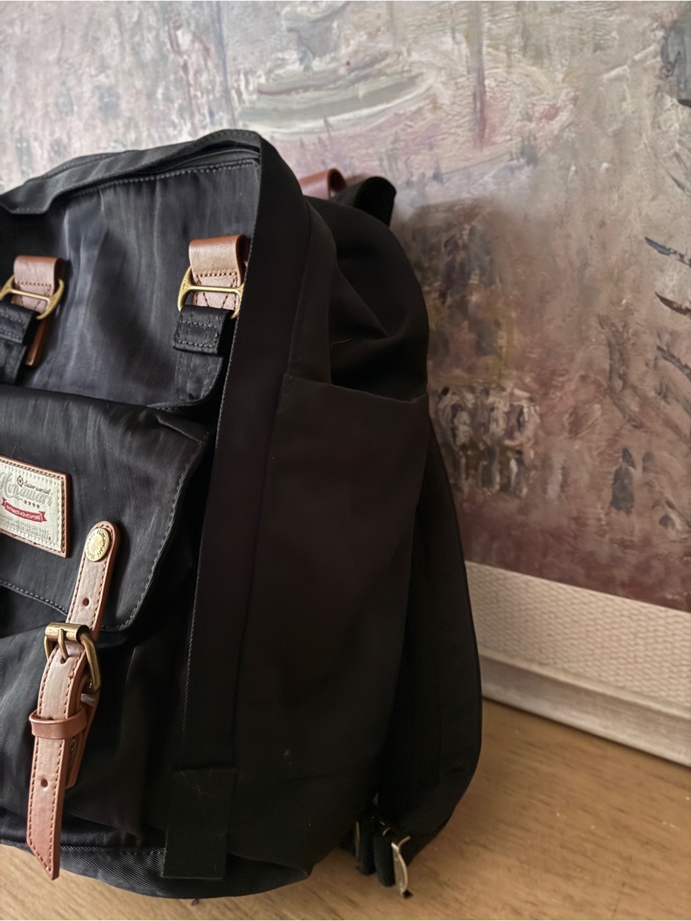 NWT Himawari Vintage-Inspired Black Canvas Backpack with Brown Trim - Picture 4 of 9